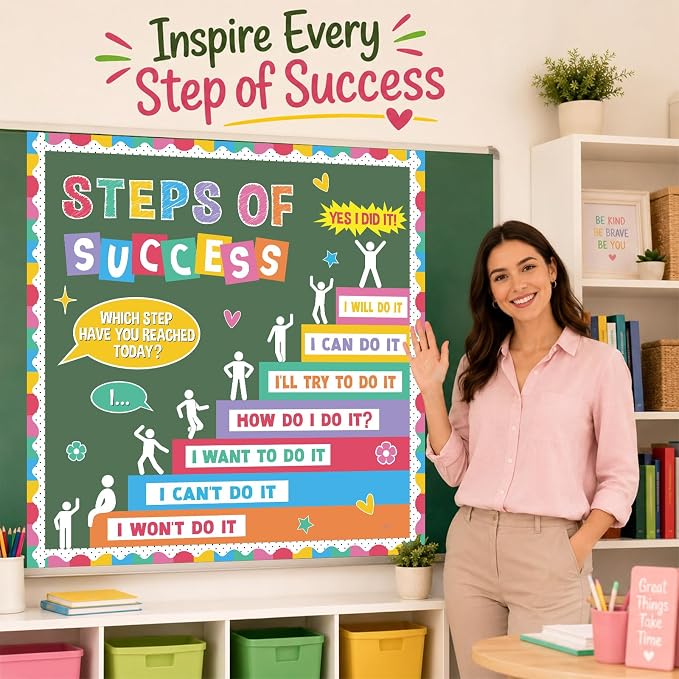 Motivational Bulletin Board Decorations Set Back to School Positive Classroom Decor Steps of Success Paper Cutouts Educational Sayings Accents for School Door Wall Chalkboard Decor Supplies (Pastel)