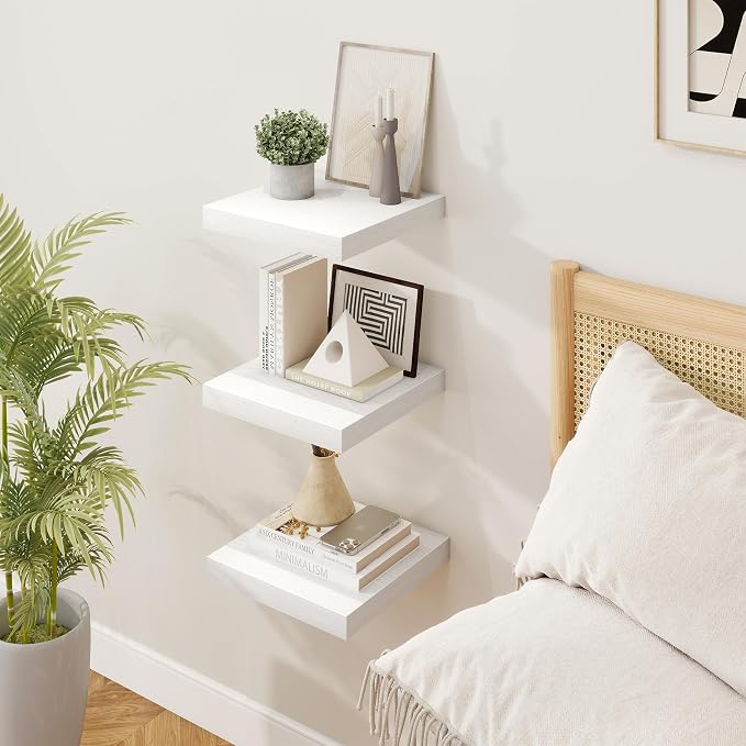Marsmiles Square Floating Shelves for Wall, 8" W x 8" D x 1.25" H, 3 Pack Small Wall Mounted Engineered Wood Shelves with Invisible Brackets for Living Room, Bedroom, Bathroom, Kitchen Decor, White