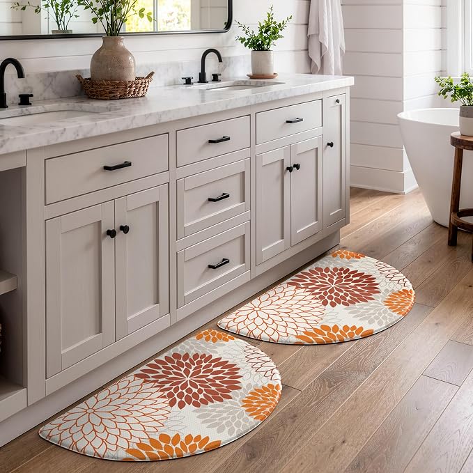 KIMODE Half Circle Anti Fatigue Mats for Kitchen Floor Kitchen Mats 2PCS | 18"x28+18"x28",Orange,Dahlia Floral Boho,Kitchen Rugs 2pcs,Non Slip,Waterproof,for Sink Office Laundry Bathroom Decor
