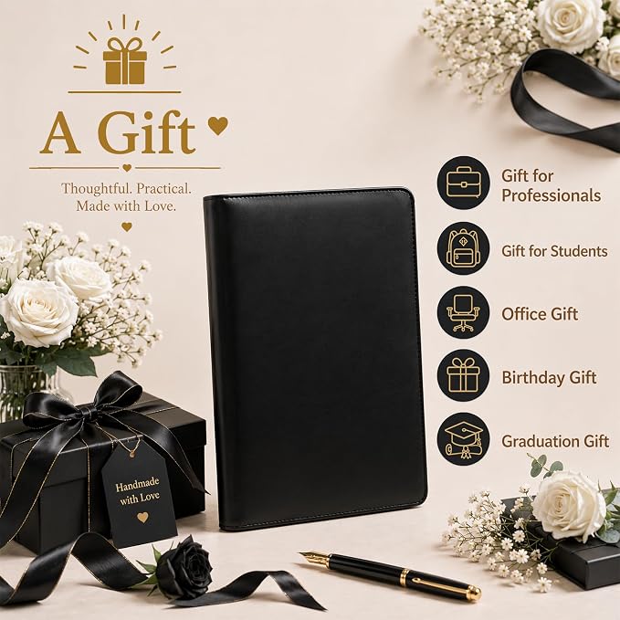 Darolin Leather Portfolio 3 Ring Binder Business Resume Folder -Black | Premium Padfolio Binder Fits A4, Letter Size, Document Organizer for Meetings, Interviews, Travel, Padfolio for Women Men