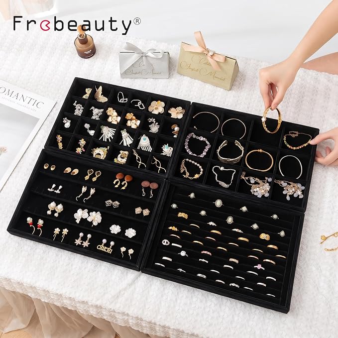 Jewelry Trays for Drawer,Set of 2 Jewelry Organizer and Storage | Velvet Material,Stackable,Adjustable Dividers,Drawer Inserts for Rings Studs Bracelet,Earring Organizer for Women Girls