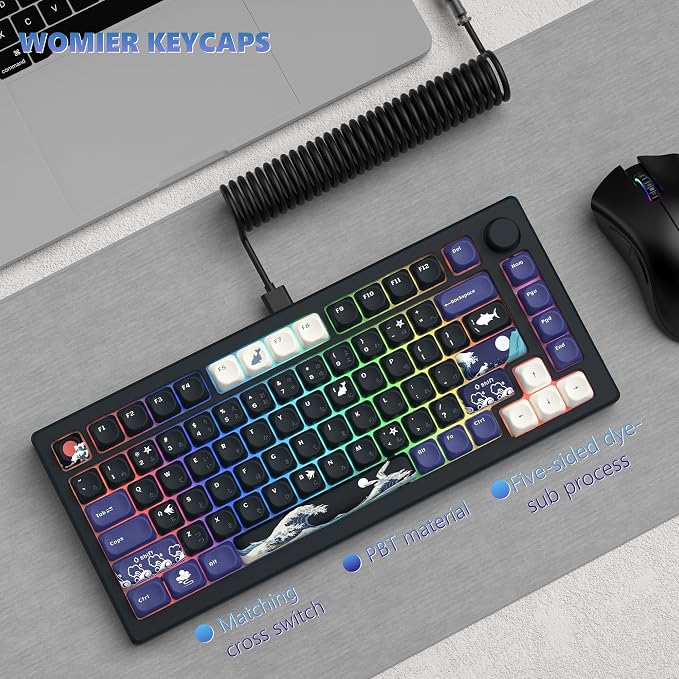 Womier PBT Black Keyboard Keycaps, Japanese MOA Keycaps for Mechanical Keyboard, Cute Custom Dye-Sublimation Key Cap for 60 65 75 100 Percent, Kanagawa