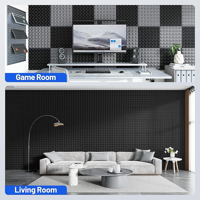 12 Pack Pyramid Sound Proof Foam Panels for Walls with Updated Self-Adhesive 3"X12"X12" High Density Acoustic Panels Sound Absorbing Fast-Expanding Soundproof Wall Panels for Gaming Studio Decor-Black