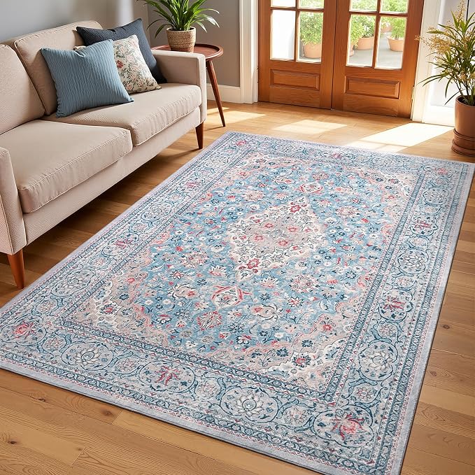 Blue Washable Boho Area Rug for Bedroom, 3x5 Vintage Floral Non Slip Rugs, Soft Low Pile Indoor Mat, Aesthetic Pattern Carpet for Living Room, Kitchen, Dining Room and Bedside