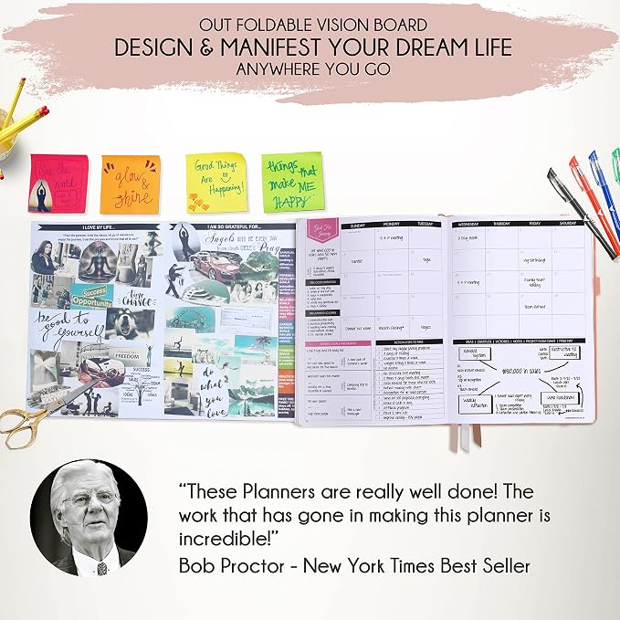 Manifestation Journal โ Hourly, Weekly & Monthly Planner | 12-Month to Increase Productivity, Life Organizer & Goal Planner | Spiral Journal, Habit Tracker, Foldable Vision Board, Gift Box & Stickers
