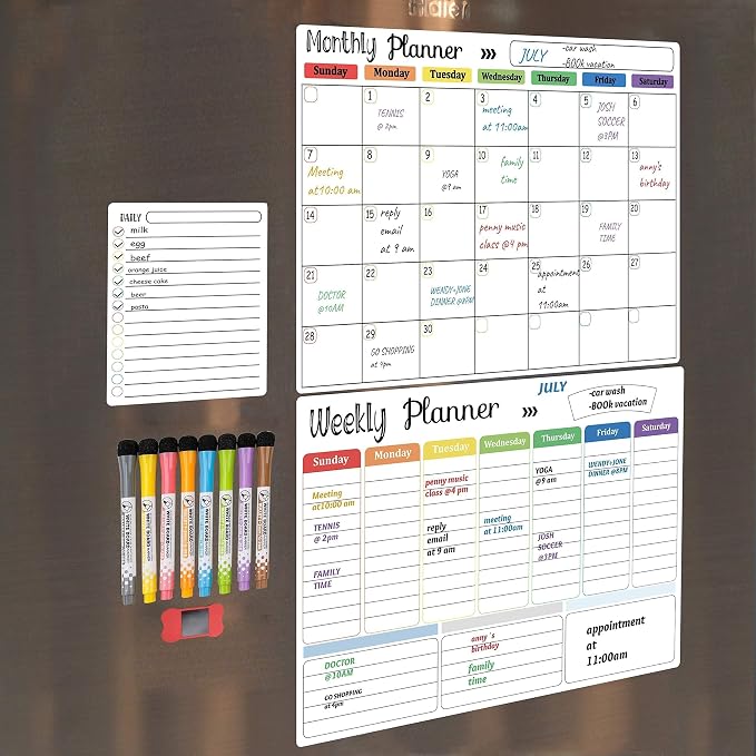 Hivillexun 3-Pack Magnetic Dry Erase Calendar Whiteboard Set for Fridge, Wall & Refrigerator Organisation – Monthly, Weekly & Daily Planners – Includes 8 Markers & Eraser