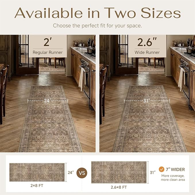 HUGEAR 2x6 Runner Rug Hallway Vintage Brown Machine Washable Retro Floral Low Pile Carpet Vacuumable Distressed Long Throw Rug Bedroom Office Bathroom Kitchen Laundry Non Slip Soft Lightweight