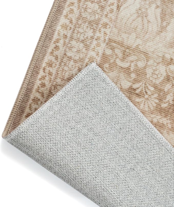 PureCozy 5x7 Area Rug Washable Vintage Living Room Bedroom Carpet Indoor Light Brown Non Slip Soft Low Pile Thin Rug Retro Accent Throw Office Dining Room