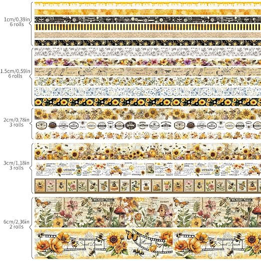 Washi Tape Set 20 Rolls - Vintage Bee Floral Butterfly Botanical Washi Tape Kit, Cute Retro Decorative Tapes for Scrapbooking Supplies,Junk Journal, Bullet Journaling, DIY Art Crafts, Gift Wrapping