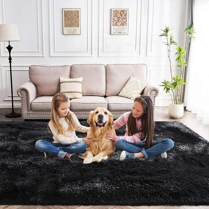 Awaytail Fluffy Rug Washable 2x3 Feet, Pure Black Desk Chair Rug Non-Slip, Super Soft Kids Rug for Boys Nursery Dorm Decor