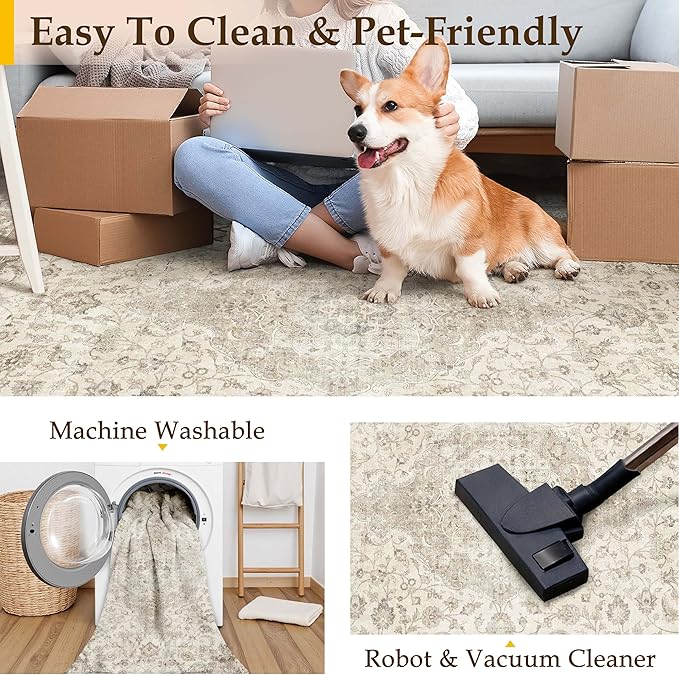 HUGEAR Area Rug 8x10 Vintage Brown Machine Washable Living Room Rugs Thin Neutral Floral Vacuumable Low Pile Carpet Bedroom Office Dining Room Laundry Room Non Slip Soft Lightweight