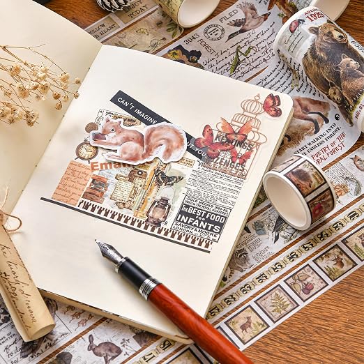 18 Rolls Vintage Washi Tape Pack Retro Arts Adhesive Tapes Wide Monologue Decorative Masking Tape Sets for Craft, Kids, Scrapbook, DIY, Gift Wrapping (Misty Forests)