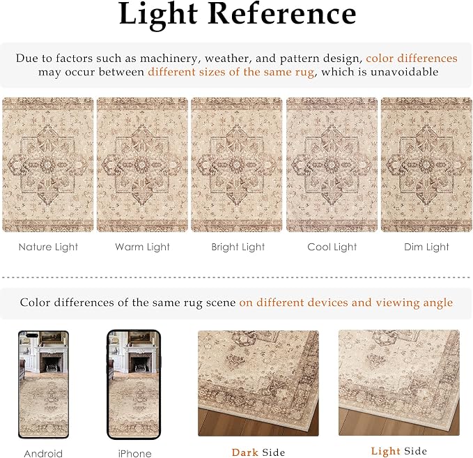 PureCozy Brown 8x10 Area Rug Washable Vintage Living Room Carpet Non Slip Retro Distressed Low Pile Soft Oriental Medallion Thin Large Throw Rug for Office Bedroom Dining Room Playroom