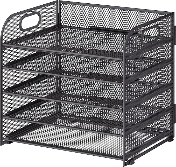 Cawukege 5 Tier Paper Organizer with Handle, Grey Metal Mesh Desk Organizer File Folder Paper Letter Tray Desktop Document Sorter for Classroom, School, Office Accessories Organization and Storage