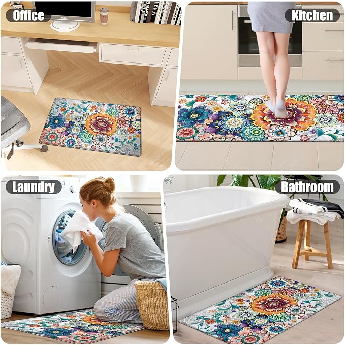 Floral Kitchen Rugs Mats for Floor 2 Piece Flowers Anti Fatigue Kitchen Mats Non Slip Cushioned Comfort Standing Mat for Sink, Office, Laundry, 17.3x28+17.3x47 Inch