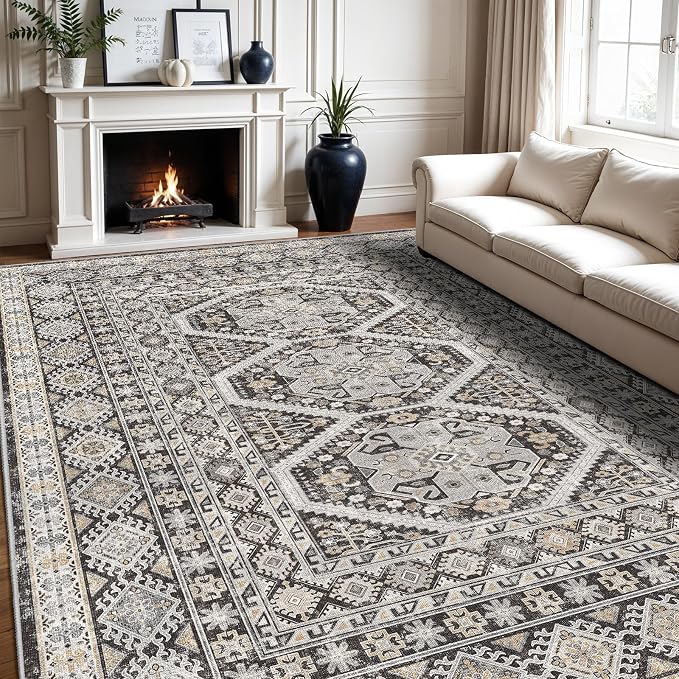 10x12 Area Rug for Living Room: Vintage Oriental Washable Rug for Bedroom Dining Room with Non Slip Rubber Backing Stain Resistant Low Pile Large Carpet Home Office (Black, 10x12)