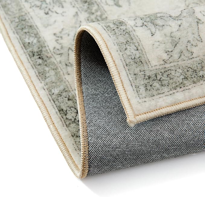 PureCozy Green Area Rug 8x10 Washable Living Room Carpet Vintage Non Slip Soft Bedroom Indoor Office Retro Low Pile Thin Oriental Medallion Large Rug for Dining Room Playroom