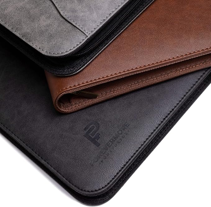 Forevermore Portfolios Padfolio Binder - Professional Faux Leather Travel Organizer Pouch for Tablet, Documents, Presentation Folders, Business Cards - Zipper Closure with Notepad - Brown