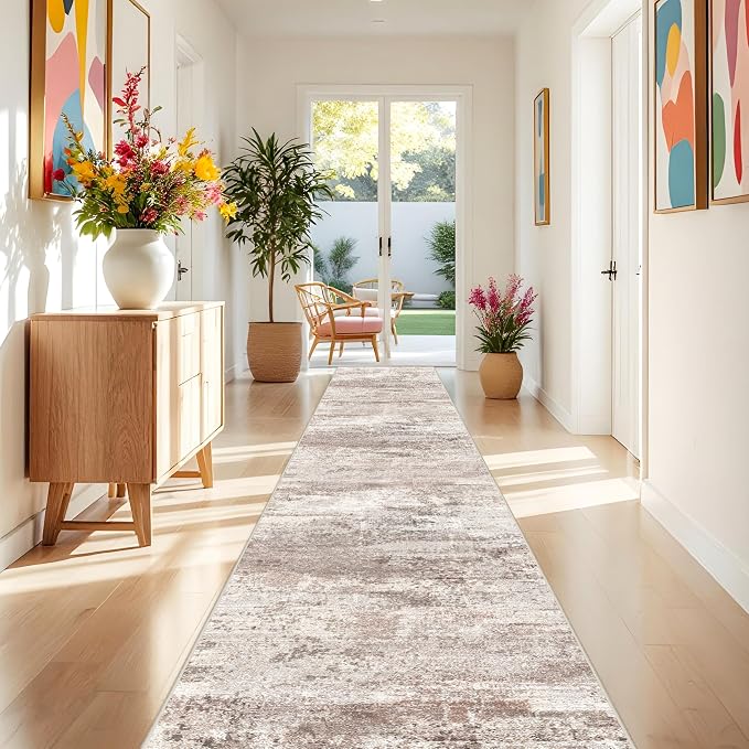 RUUGME Washable Hallway 3x25 Rug - Abstract Runner Rugs for Living Room Non Slip Indoor Entryway Carpet for Bedroom Kitchen Soft Low Pile Stain Resistant Floor Decor Mat 3x25 Brick/Brown/Beige