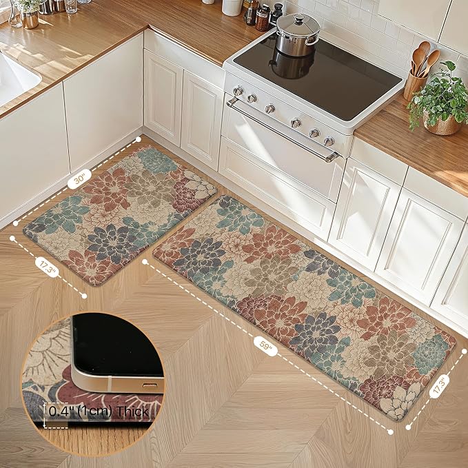 GENIMO Anti Fatigue Kitchen Mats for Floor 2PCS, Cushioned Standing Mats | 17.3"x59"&17.3"x30", Brick red vintage floral rug set, waterproof, non slip, eeasy-clean for farmhouse