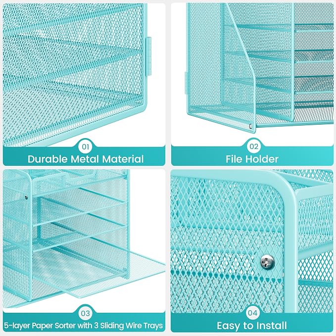 Lavatino 5-Tier Metal Mesh Desk Organizer with File Holder & 7 Customizable Compartments | Paper Letter Tray for Office or Home Desk Storage | Keep Workspace Supplies Neat & Organized, Blue