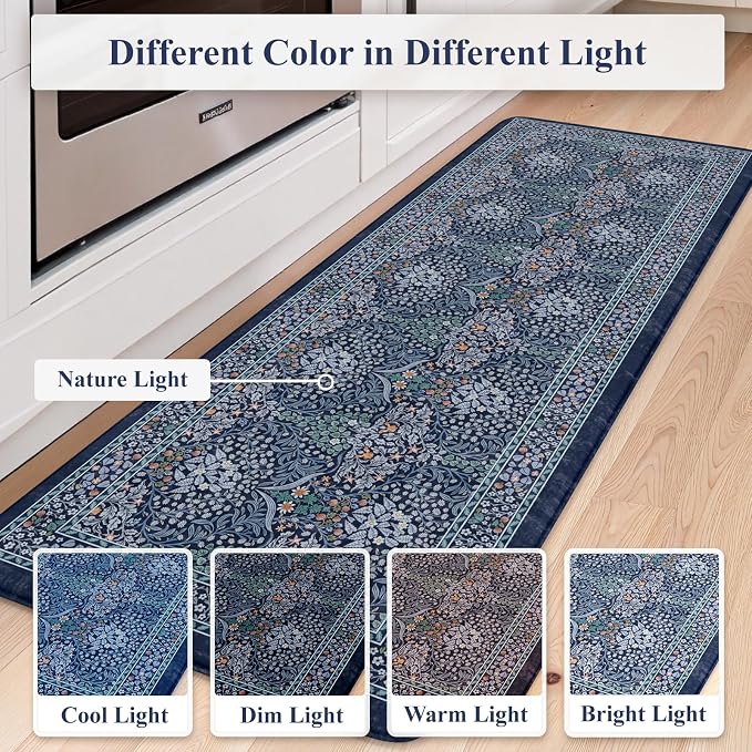 Collive Anti Fatigue Kitchen Mats, Cushioned Kitchen Rugs Set of 2 Waterproof Non Slip Desk Mat, Comfort Standing Rug Dark Blue Floral Carpet for Office, Sink, Laundry, 17.3"x29"+17.3"x47"