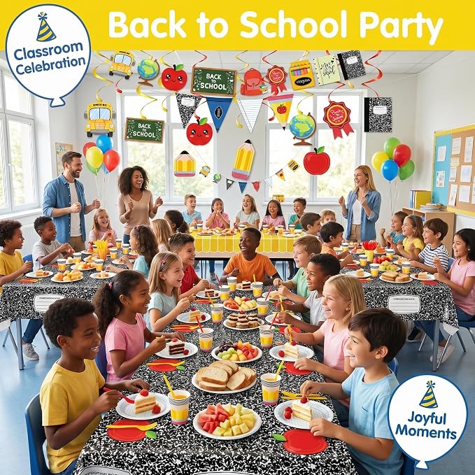 129PCS Apple Pencil Back to School Party Supplies Serves 20, Preschool Kindergarten First Day Classroom Decor Kit Plates Cups Napkins Cutlery Straws Swirls 2 Tablecloths & Banner Kids Graduation