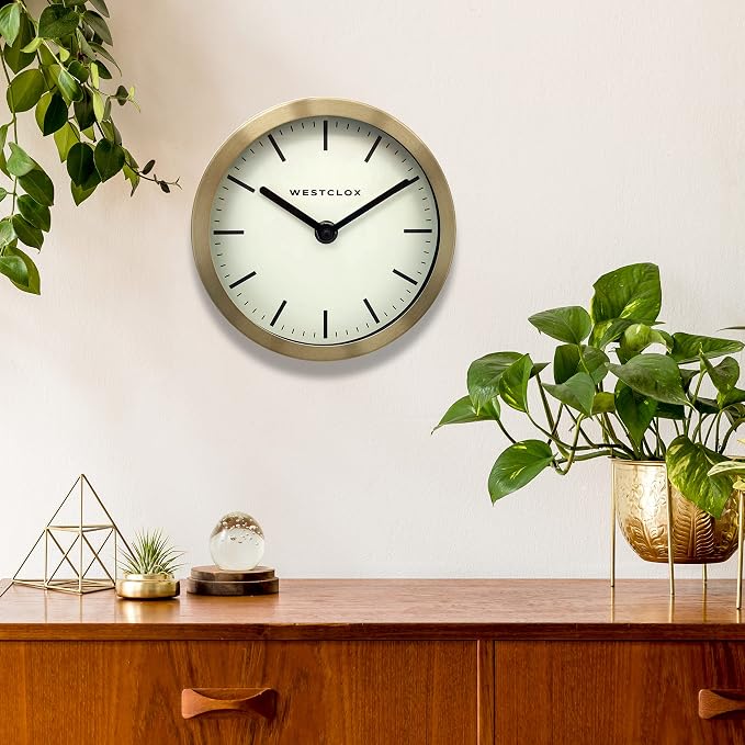 Westclox Contemporary Table & Wall Clock for Home or Office – 6-Inch Round Analog Clock with Brushed Gold Metal Frame, Folding Stand & Wall Mount (Gold, 6-Inch)