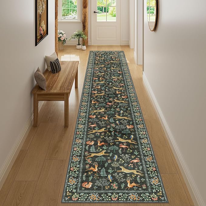 DUKINO 2x12 Washable Runner Rug, Ultra Soft Vintage Animal Runner Rug for Hallway, Lightweight Non Slip & Non Shedding Indoor Long Carpet for Kitchen, Laundry Room, Bathroom, Bedroom, Entrance, Black