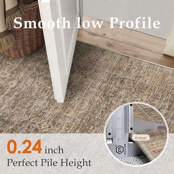 PureCozy Washable Area Rug 2x3, Small Non-Slip Brown Entryway Door Mat Vintage Low Plie Thin Indoor Kitchen Bathroom Rug Retro Accent Throw Entrance Bedroom Office Carpet