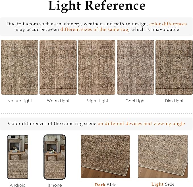PureCozy Area Rug 9x12 Brown Machine Washable Non-Slip Vintage Low Plie Thin Living Room Bedroom Dining Room Distressed Carpet Indoor Large Home Office Retro Rug