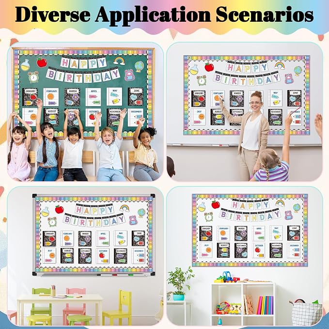 TICIAGA Composition Notebook Birthday Bulletin Board - 76PCS Happy Birthday Notebook Cutout for Classroom Teacher Supplies, Back to School Colorful Pencil Name Tag Border Calendar Decor for Preschool