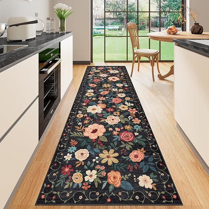 DUKINO 2x12 Washable Runner Rug, Ultra Soft Floral Runner Rug for Hallway, Boho Non Slip & Non Shedding Indoor Entryway Carpet for Kitchen, Laundry Room, Bathroom, Bedroom, Entrance, Black