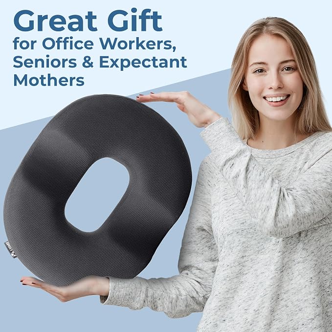 5 STARS UNITED Donut Pillow for Tailbone Pain & Hemorrhoids โ Large Memory Foam Seat Cushion for Bed Sore-Prone Areas & Pressure Relief โ Prostate, Postpartum & Pregnancy Support, Gray Mesh Cover