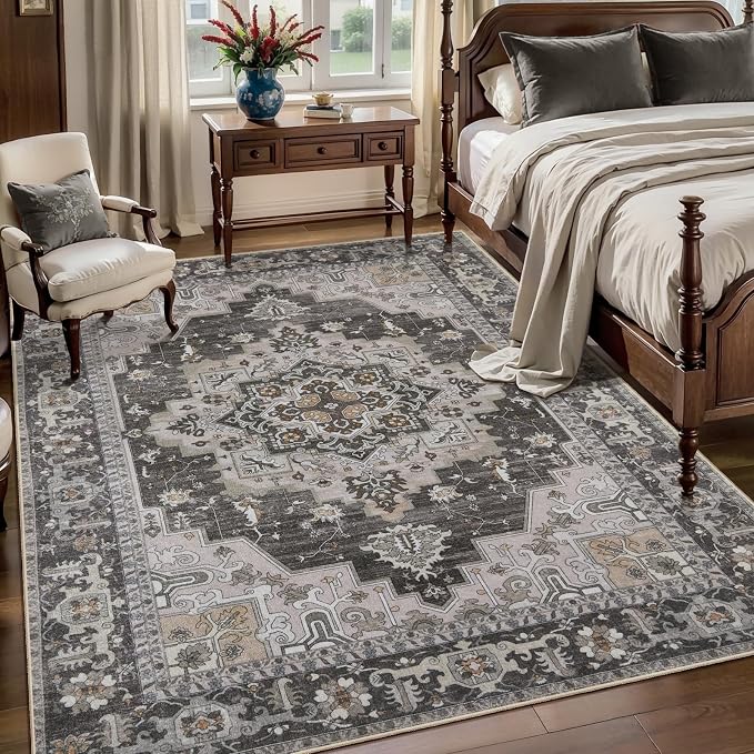 Tangsoo 4x6 Area Rug, Vintage Washable Non Slip Indoor Rugs, Oriental Machine Washable Rug Carpet, Farmhouse Soft Low Pile Foldable Floor Rugs for Dining Room Bedroom Living Room Home Decor