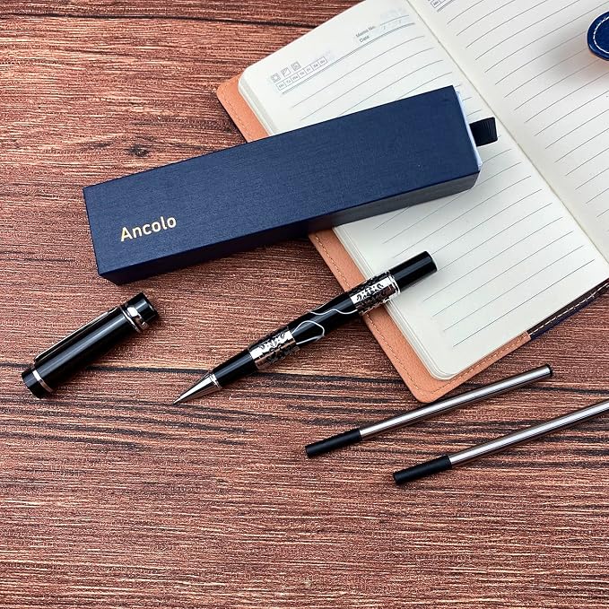 Ancolo Custom Personal Office Pens 10 Ink Refill - Quality pens Fine point -Engraved Team Name, Phone Number, Message Gift for Bank, Office, Business Hotel Lobbies 5 Pack/Set