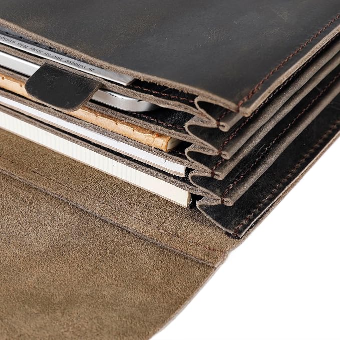 Genuine Leather File Folder, Accordian File Organizer, Leather Document Holder Resume Folio for Men & Women - Grey