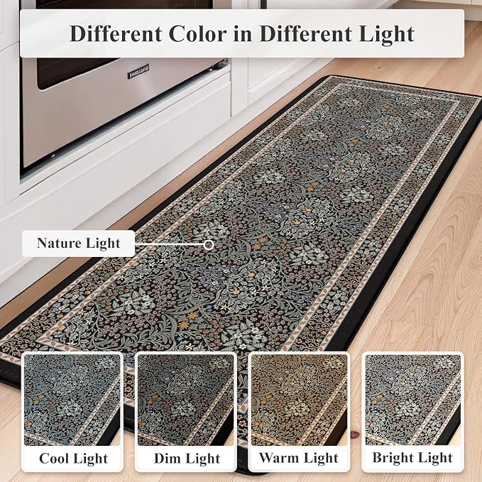 Collive Kitchen Mats for Floor, Cushioned Anti Fatigue Mat Floral Rugs 2 Piece Non Skid Waterproof Sink Rug, Memory Foam Comfort Standing Mat for Office, Laundry, Desk, Black/Mulit