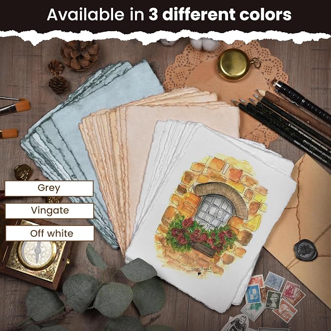 LEATHER VILLAGE Watercolor Paper - 9.5 X 12.5 inches, 50 Sheets - Mixed Media Watercolor Paper - 150 GSM Thick Deckle Edge Virgin Cotton Handmade Paper - Grey Toned
