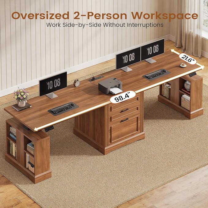 SEDETA Standing Two Person Desk, 98.4'' Farmhouse Long Computer Desk with 3 Drawers, Storage Cabinet, Electric Height Adjustable 2 Person Desk with Power Outlets for Home Office, Brown