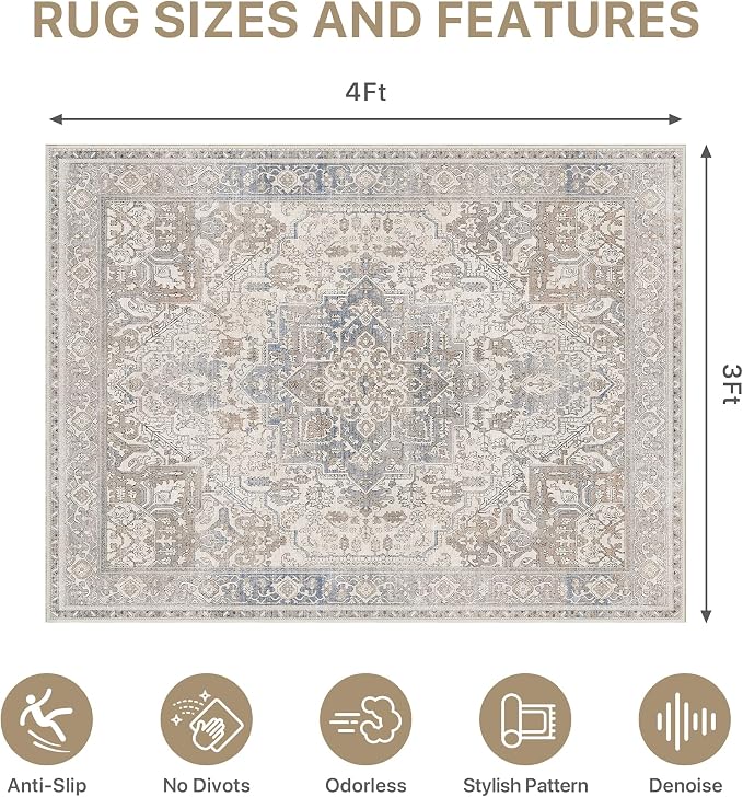 36"x48" Office Chair Mat for Hardwood Tile Floor, Under Desk Carpet Protector for Rolling Computer Chair Mat, Machine Washable Area Rug, Anti-Slip 1/5" Thick Low Pile Thin Vinyl Floor Mat, Khaki Blue