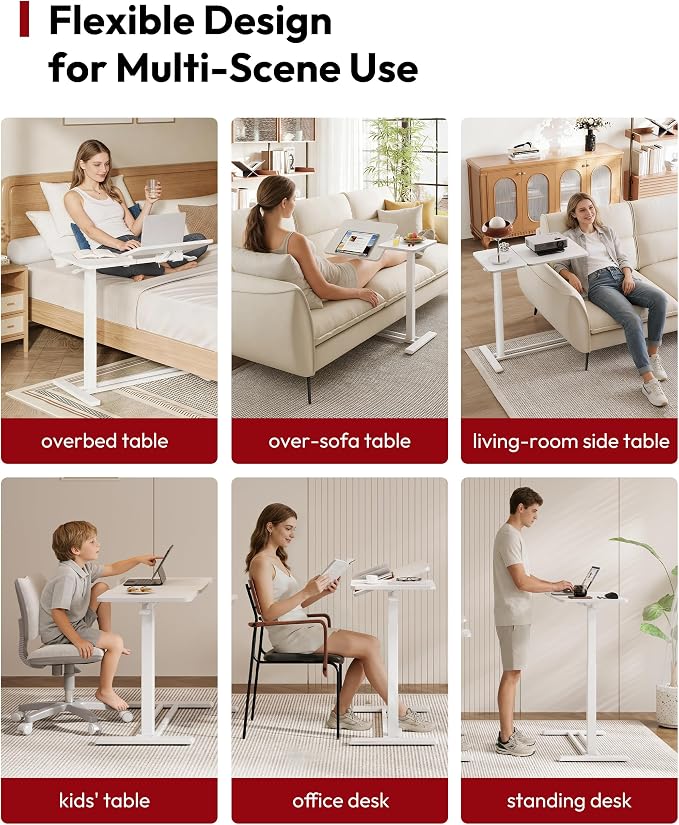 SANODESK 32''Overbed Table Gas Spring Lifting with Wheels&Tilting Desktop | Rolling Mobile Laptop Desk End Table,Portable Computer Workstation for Home Office,Sofa,Bedside,31.5" W x 17.7" D,White