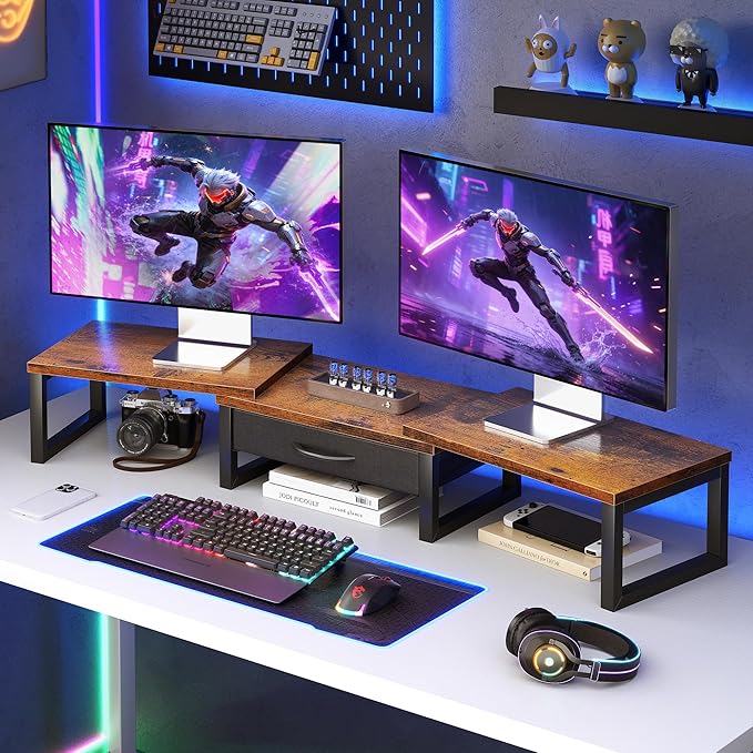 Desk Organizers and Accessories, Dual Monitor Stand Riser with Drawer, Computer Monitor Stand, Adjustable Desk Shelf for PC Laptop Printer TV, Brown
