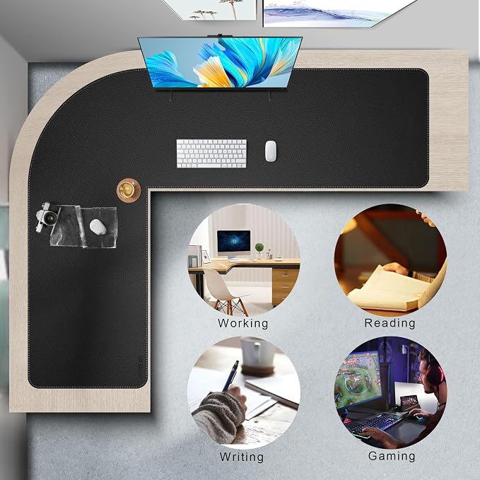 Mydours 61" x 69" x 20" L Shaped Desk Pad (Black), Extra Large Dual-Sided PU Leather Corner Desk Mat Protector for Home Office Computer Gaming