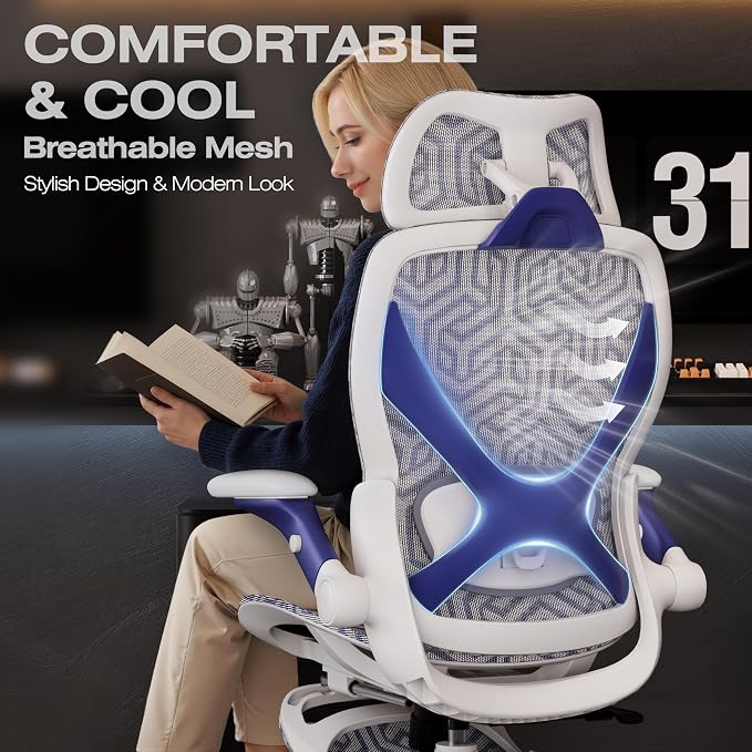 ELABEST X100 Ergonomic Mesh Office Chair with Footrest, Big and Tall Home Desk Chair with 5D Flip-Up Arms, Adjustable 3D Lumbar Support, Gaming & Executive Computer Chair (Cybernetic Pulse)
