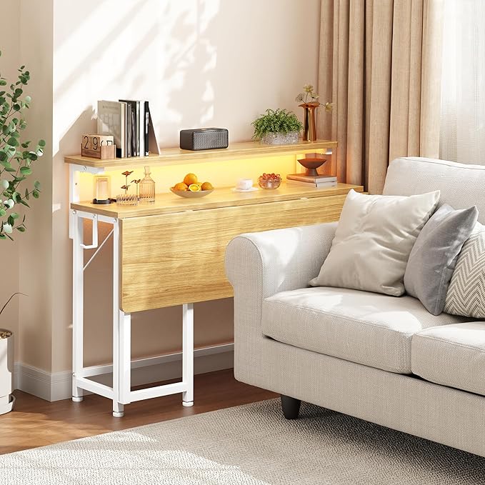 Folding Desk for Small Space,Foldable Computer Desk with Monitor Stand,31.5 Inch Small Desk with LED Lights for Bedroom Home Office,Writing Work Office Computer Desk with Hooks,Oak