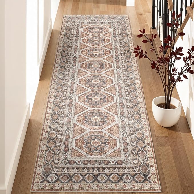 3x8 Runner Rug Kitchen Washable: Oriental Indoor Hallway Runners with Non Slip Backing Floor Mat for Entryway Door Low Pile Thin Carpet for Bedroom Bathroom Living Room Bedside Brick