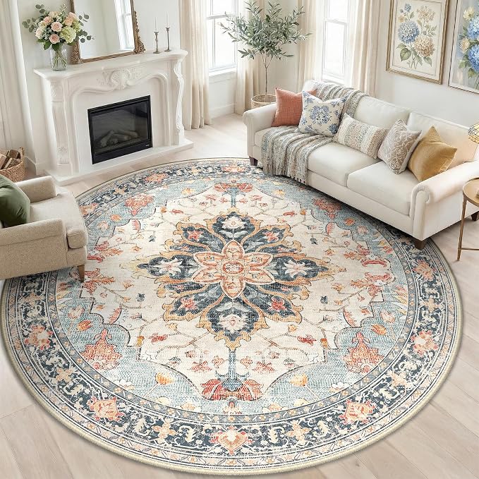 RELEANY 8ft Round Rug, Area Rugs 8ft, Washable Rug, Non-Slip, Rugs for Living Room for Bedroom, Circle , Vintage Rugs Boho Floral Medallion, Low Pile, Soft, Beige Dark Blue Navy Red