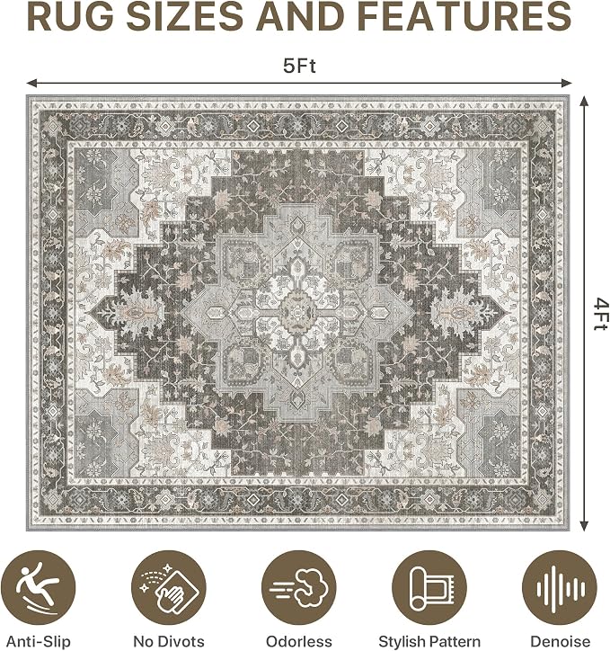 48"x60" Office Chair Mat for Hardwood Tile Floor, Under Desk Carpet Protector for Rolling Computer Chair Mat, Machine Washable Area Rug, Anti-Slip 1/5" Thick Low Pile Thin Vinyl Floor Mat, Tawny Grey