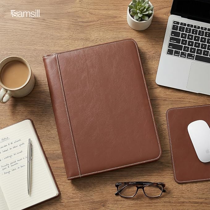 Samsill Contrast Stitch Leather Padfolio and Business Portfolio for Men and Women, Resume/Document Organizer with Writing Pad, Tan